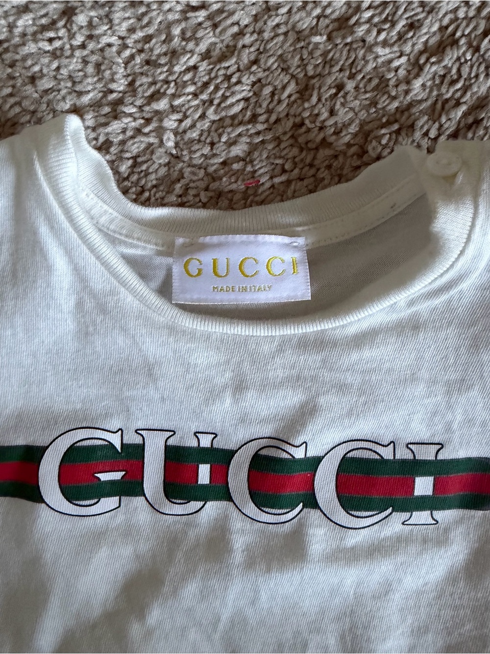 Gucci White Kids Tee with Green and Red Web Stripe